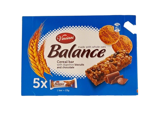 Vincinni Balance made with whole oats Cereal bar biscuits and chocolate