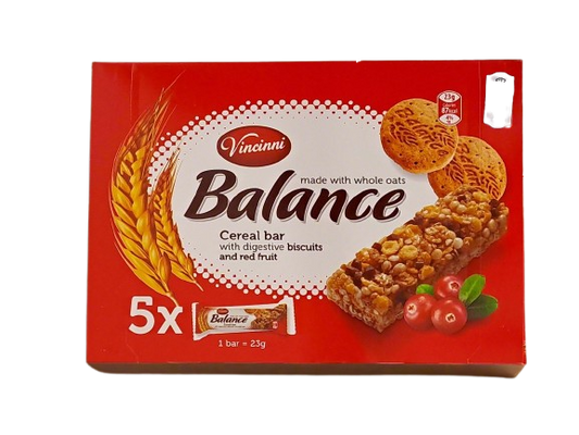 Vincinni Balance made with whole oats Cereal bar biscuits and red fruit