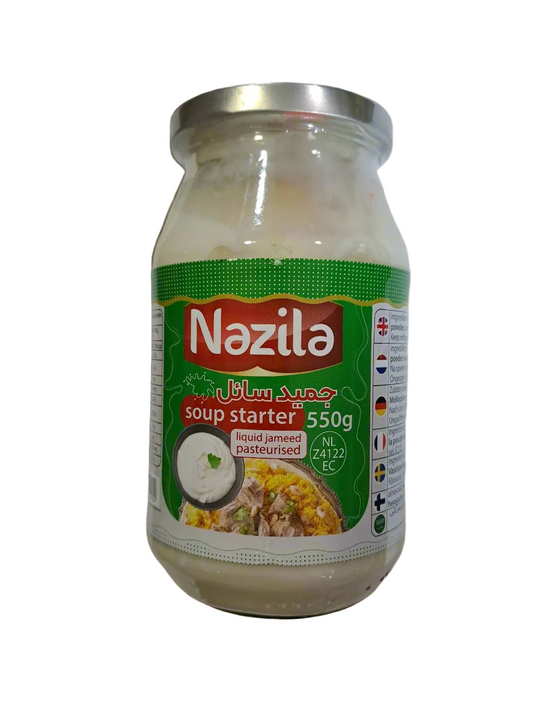 Jar of Nazila soup starter on a neutral background