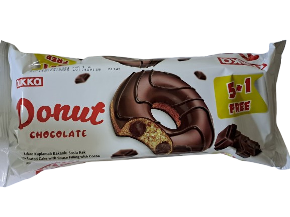Packaged chocolate donut with Koko Donut branding on a white background